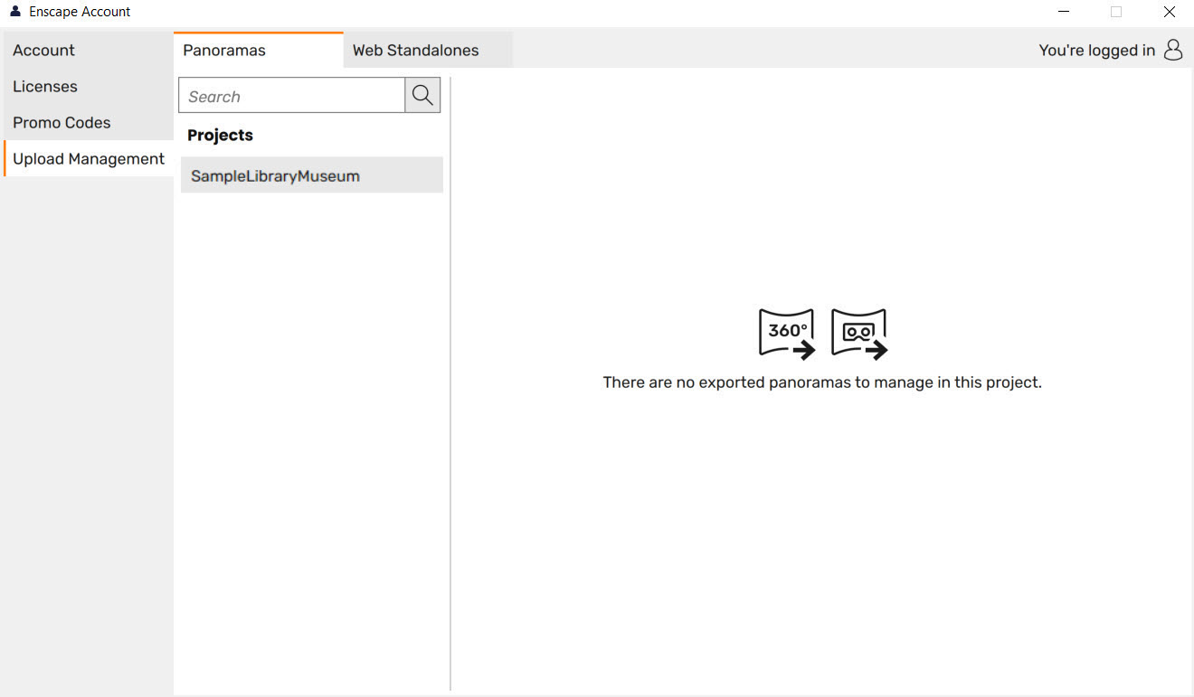 Upload Management dialog if no panoramas have been created